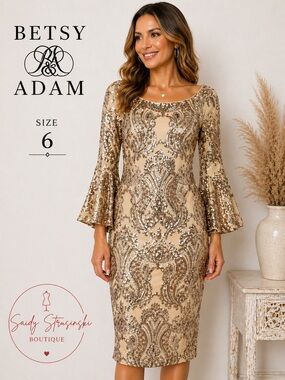 Betsy Adam Gold Sequin Sheath Dress Size 6 Elegant Cocktail Party fashion
